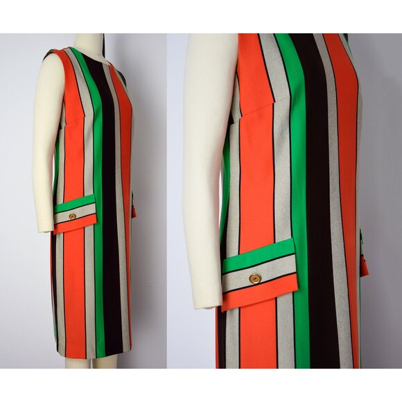 1960s Striped Shift Dress Size Medium Large 60s Mod Dress Wide Stripe Dress - Picture 2 of 9
